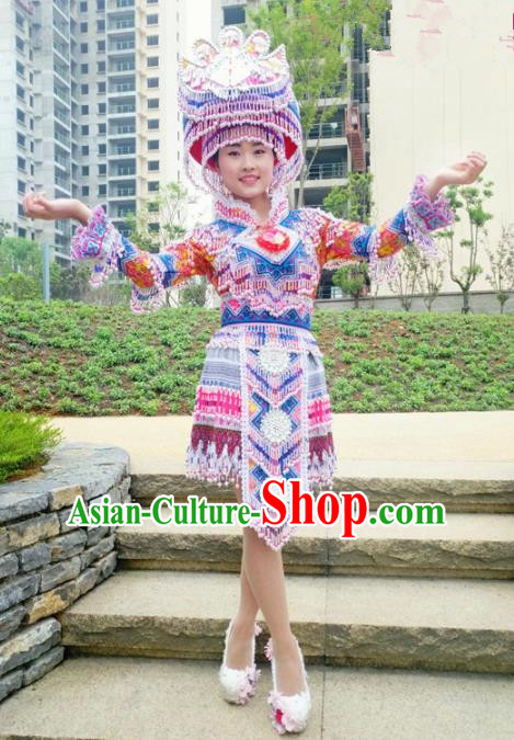Traditional Chinese Minority Ethnic Folk Dance Embroidery Short Dress Miao Nationality Stage Performance Costume and Hat for Women