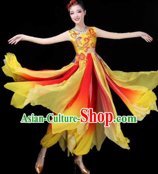 Traditional Chinese Classical Dance Yellow Dress Umbrella Dance Stage Performance Costume for Women