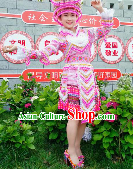 Traditional Chinese Minority Ethnic Folk Dance Embroidery Pink Short Dress Miao Nationality Stage Performance Costume and Hat for Women