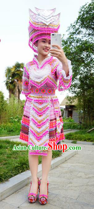 Traditional Chinese Minority Ethnic Folk Dance Embroidery Pink Short Dress Miao Nationality Stage Performance Costume and Hat for Women