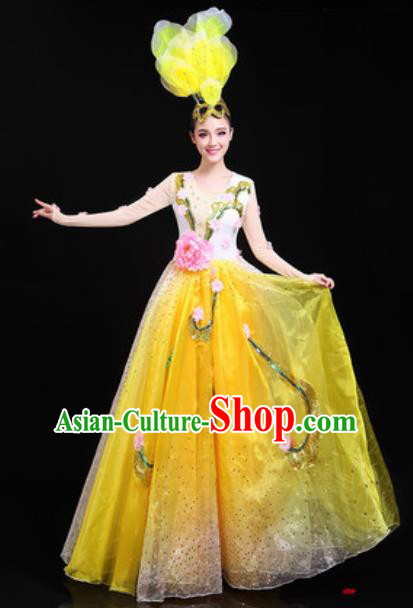Traditional Chinese Spring Festival Gala Opening Dance Yellow Dress Modern Dance Stage Performance Costume for Women