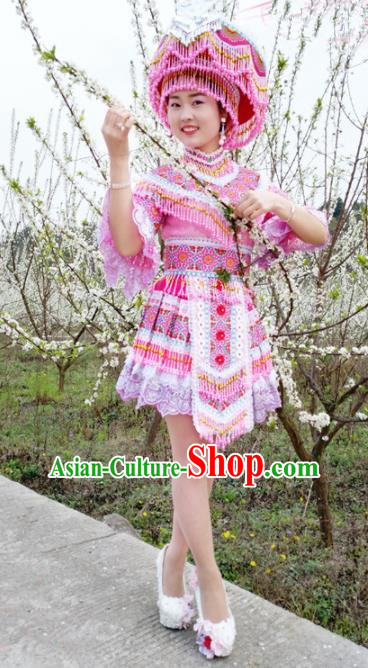 Traditional Chinese Minority Ethnic Folk Dance Pink Short Dress Miao Nationality Stage Performance Costume and Hat for Women