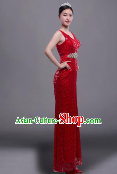 Top Grade Modern Fancywork Red Full Dress Modern Dance Compere Costume for Women