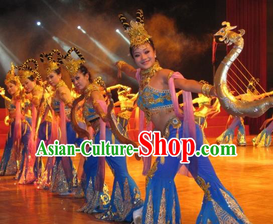 Chinese Traditional Classical Dance Blue Dress Dunhuang Flying Apsaras Stage Performance Costume for Women