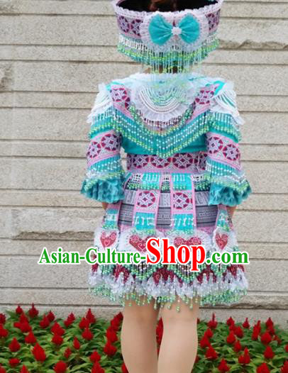 Chinese Traditional Miao Nationality Ethnic Embroidered Costume Minority Folk Dance Blue Short Dress for Women