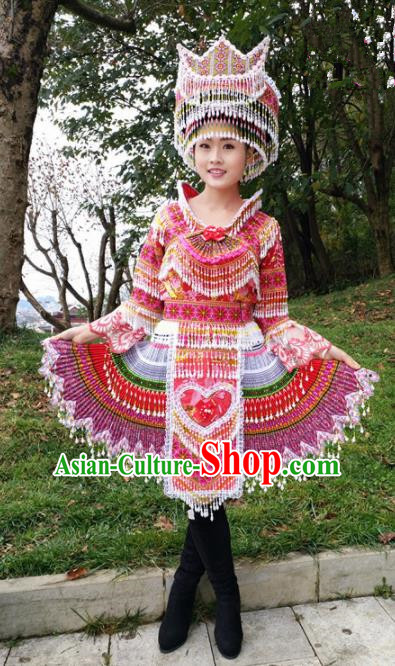 Chinese Traditional Miao Nationality Rosy Short Dress Minority Ethnic Folk Dance Costume for Women