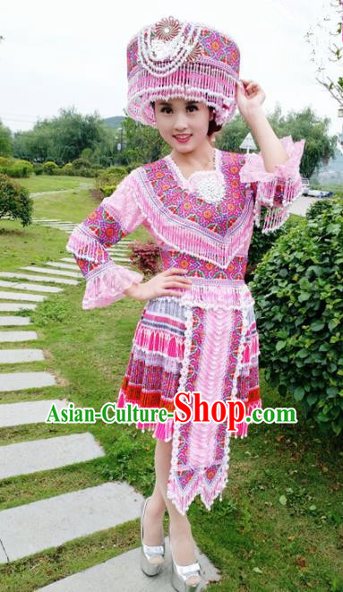 Traditional Chinese Miao Nationality Wedding Pink Short Dress Minority Ethnic Folk Dance Costume for Women