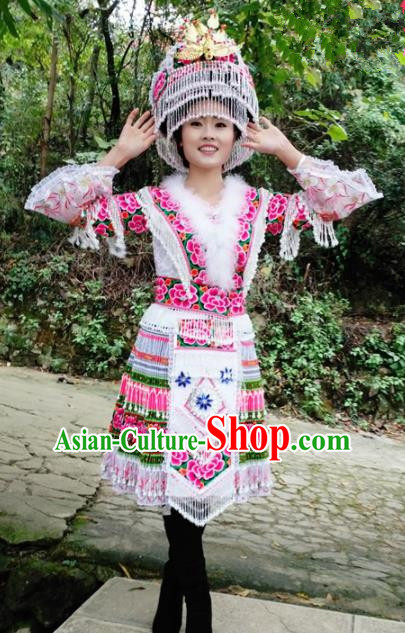 Traditional Chinese Miao Nationality White Short Dress Minority Ethnic Folk Dance Costume for Women