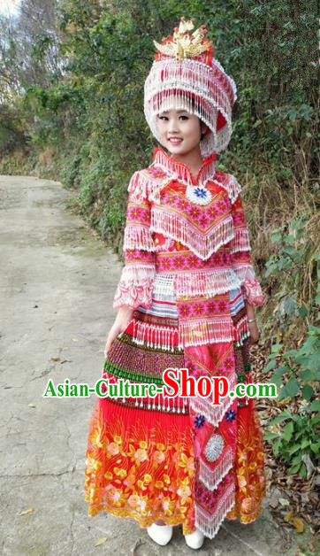 Traditional Chinese Miao Nationality Red Dress and Hat Minority Ethnic Folk Dance Costume for Women