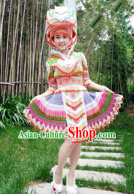 Traditional Chinese Miao Nationality Short Pleated Dress Minority Ethnic Folk Dance Costume and Hat for Women