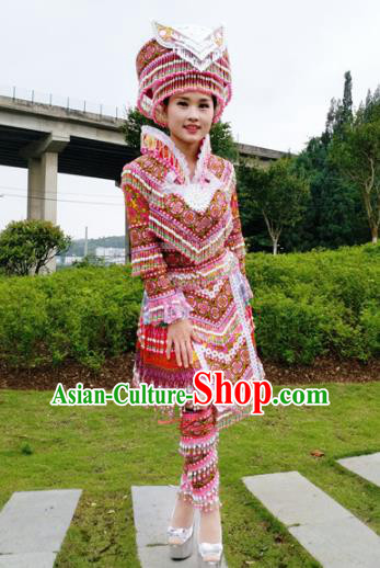 Traditional Chinese Miao Nationality Red Short Pleated Dress Minority Ethnic Folk Dance Costume and Hat for Women