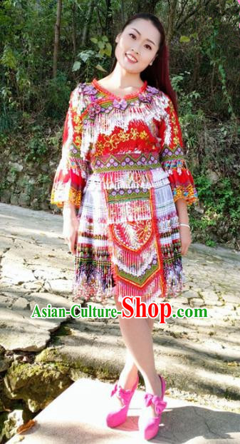 Traditional Chinese Miao Nationality Folk Dance Red Short Dress Minority Ethnic Wedding Stage Performance Costume for Women