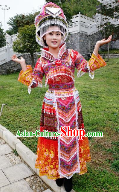 Traditional Chinese Miao Nationality Folk Dance Embroidered Red Dress Minority Ethnic Wedding Stage Performance Costume for Women