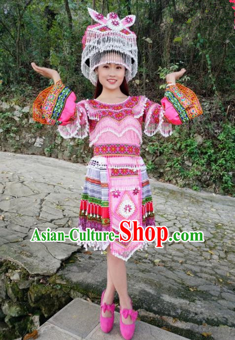 Traditional Chinese Miao Nationality Folk Dance Short Dress Minority Ethnic Wedding Stage Performance Costume for Women