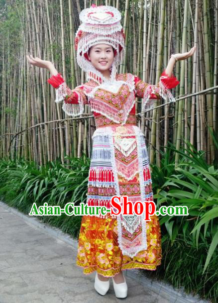Traditional Chinese Miao Nationality Princess Folk Dance Dress Minority Ethnic Wedding Stage Performance Costume for Women