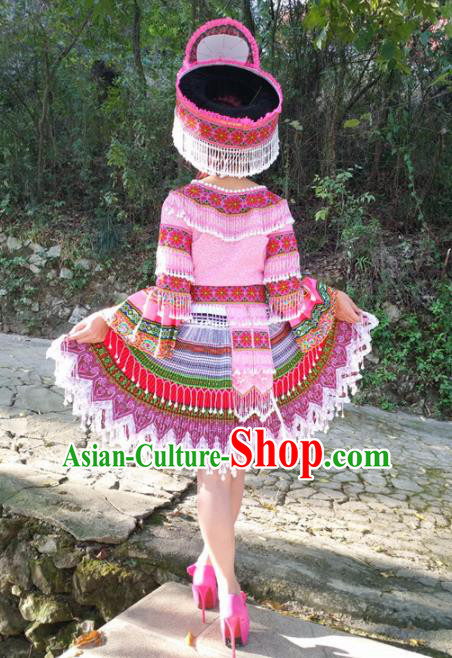Chinese Traditional Miao Nationality Pink Short Dress Minority Ethnic Folk Dance Costume for Women