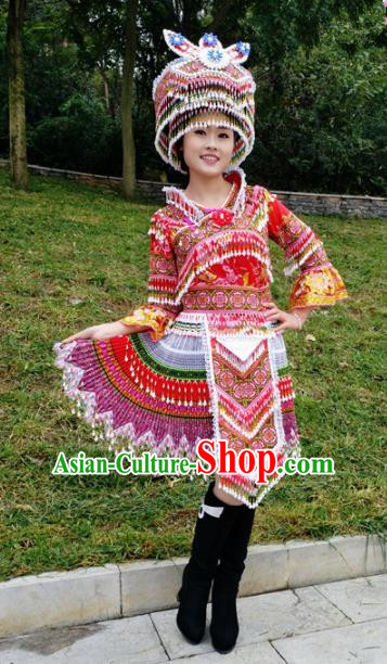 Traditional Chinese Miao Nationality Stage Performance Costume Minority Ethnic Folk Dance Red Short Dress and Hat for Women