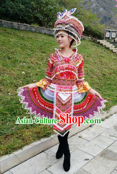 Traditional Chinese Miao Nationality Stage Performance Costume Minority Ethnic Folk Dance Red Short Dress and Hat for Women