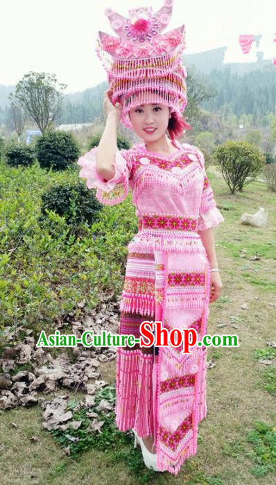 Traditional Chinese Miao Nationality Stage Performance Costume Minority Ethnic Folk Dance Pink Dress and Hat for Women