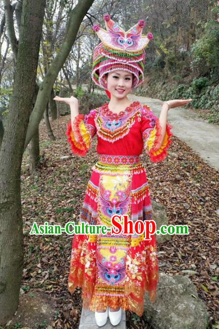 Traditional Chinese Miao Nationality Embroidered Red Dress Minority Ethnic Folk Dance Stage Performance Costume for Women