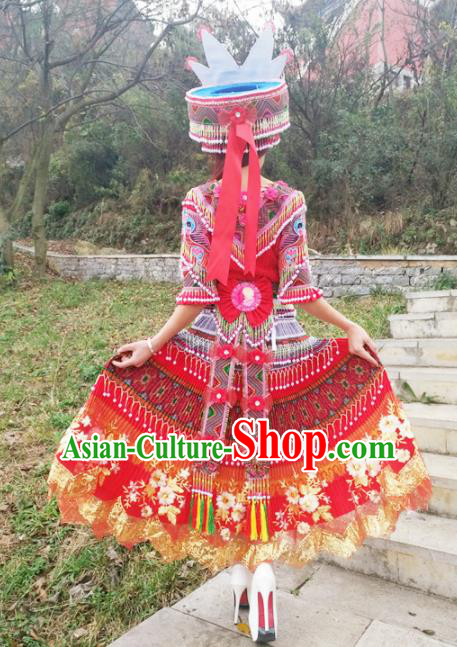 Traditional Chinese Minority Ethnic Folk Dance Red Dress Miao Nationality Stage Performance Costume and Hat for Women