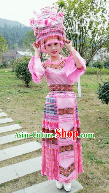 Traditional Chinese Minority Ethnic Folk Dance Pink Dress Miao Nationality Stage Performance Costume and Hat for Women