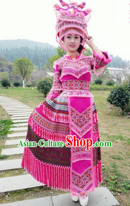 Traditional Chinese Minority Ethnic Folk Dance Rosy Dress Miao Nationality Stage Performance Costume and Hat for Women