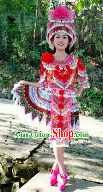 Traditional Chinese Minority Ethnic Folk Dance Pleated Skirt Miao Nationality Stage Performance Costume and Hat for Women