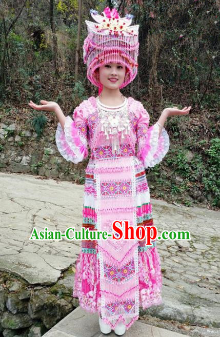 Traditional Chinese Minority Ethnic Folk Dance Embroidery Pink Dress Miao Nationality Stage Performance Costume and Hat for Women