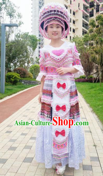 Traditional Chinese Minority Ethnic Folk Dance Embroidery White Dress Miao Nationality Stage Performance Costume and Hat for Women