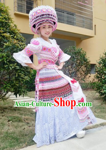Traditional Chinese Minority Ethnic Folk Dance Embroidery White Dress Miao Nationality Stage Performance Costume and Hat for Women