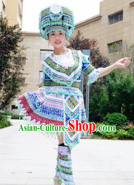 Traditional Chinese Minority Ethnic Folk Dance Embroidery Blue Short Dress Miao Nationality Stage Performance Costume and Hat for Women