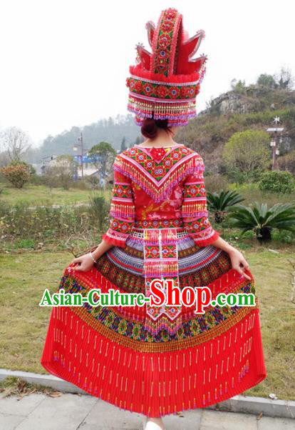 Traditional Chinese Miao Nationality Bride Embroidered Red Dress Minority Ethnic Folk Dance Stage Performance Costume for Women