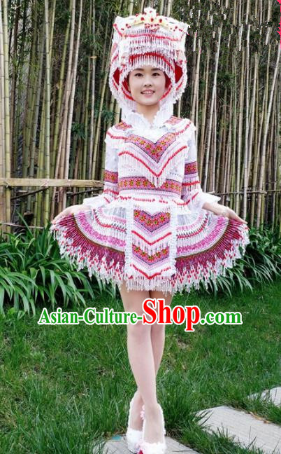 Traditional Chinese Miao Nationality Female Embroidered White Short Dress Minority Ethnic Folk Dance Stage Performance Costume for Women