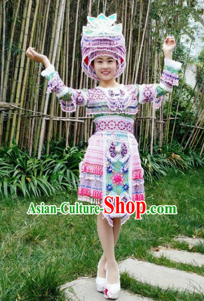 Traditional Chinese Miao Nationality Female Short Dress Minority Ethnic Folk Dance Stage Performance Costume and Hat for Women