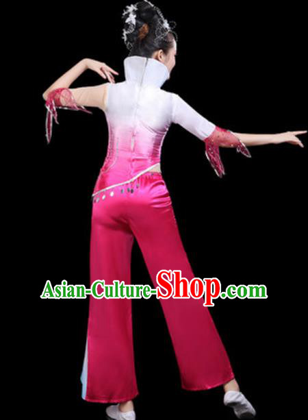 Traditional Chinese Yangko Group Dance Folk Dance Rosy Clothing Fan Dance Stage Performance Costume for Women