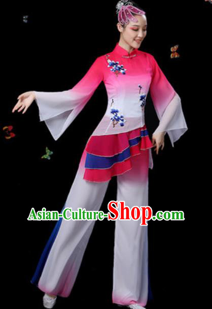 Traditional Chinese Classical Dance Rosy Clothing Umbrella Dance Group Dance Stage Performance Costume for Women