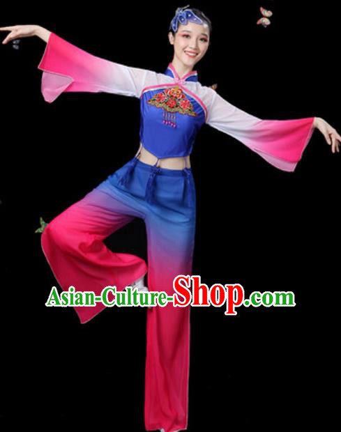 Traditional Chinese Yangko Group Dance Royalblue Clothing Folk Dance Fan Dance Stage Performance Costume for Women