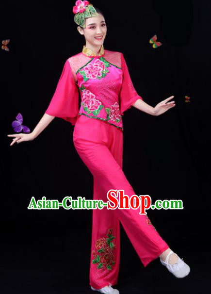 Traditional Chinese Yangko Embroidered Rosy Clothing Folk Dance Fan Dance Stage Performance Costume for Women