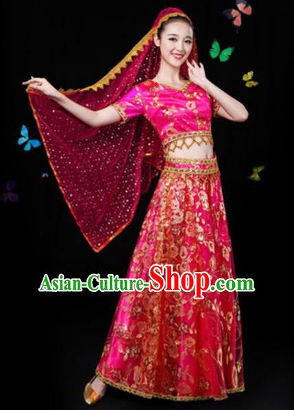 Traditional Chinese Minority Ethnic Rosy Dress Uyghur Nationality Folk Dance Stage Performance Costume for Women