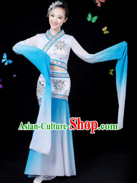 Chinese Traditional Classical Dance Blue Water Sleeve Dress Umbrella Dance Group Dance Stage Performance Costume for Women
