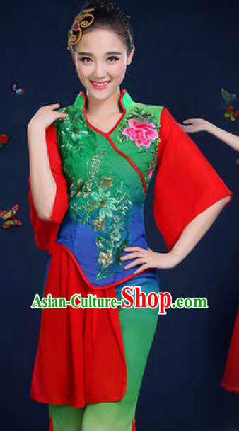 Traditional Chinese Fan Dance Deep Green Clothing Folk Dance Yangko Stage Performance Costume for Women