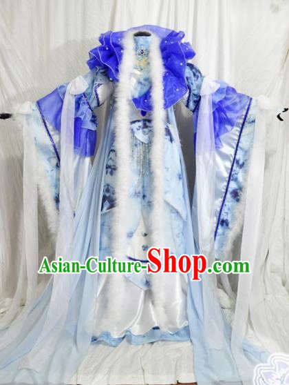 Traditional Chinese Han Dynasty Princess Blue Hanfu Dress Ancient Empress Embroidered Costume for Women