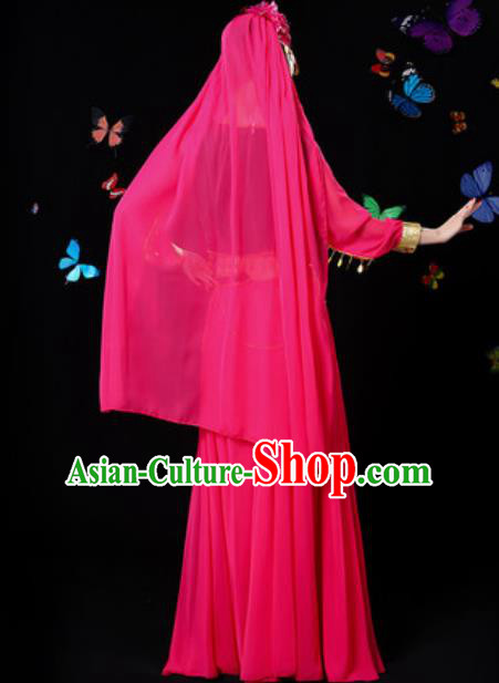 Traditional Chinese Minority Ethnic Rosy Dress Uyghur Nationality Folk Dance Stage Performance Costume for Women