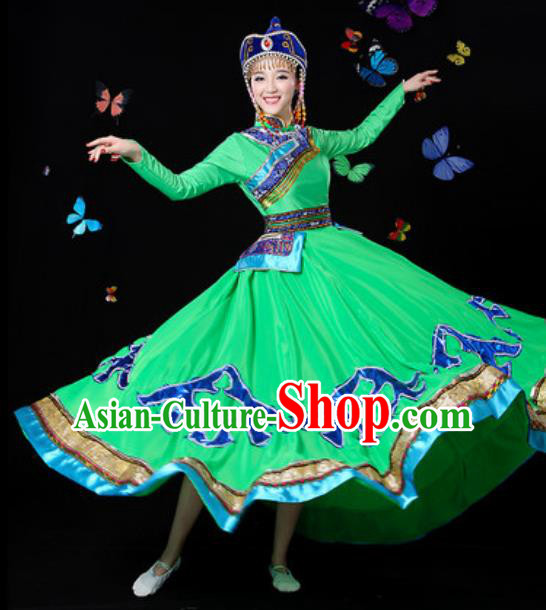 Traditional Chinese Minority Ethnic Green Dress Mongol Nationality Folk Dance Stage Performance Costume for Women