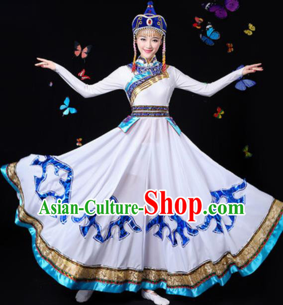 Traditional Chinese Minority Ethnic White Dress Mongol Nationality Folk Dance Stage Performance Costume for Women