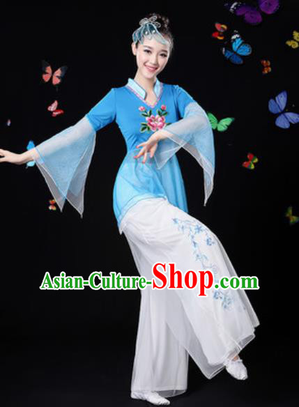Traditional Chinese Yangko Dance Blue Veil Clothing Folk Dance Fan Dance Stage Performance Costume for Women