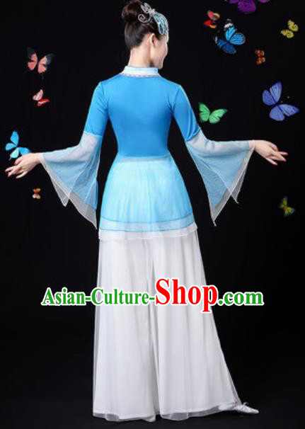 Traditional Chinese Yangko Dance Blue Veil Clothing Folk Dance Fan Dance Stage Performance Costume for Women