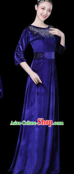 Traditional Chinese Modern Dance Royalblue Dress Chorus Stage Performance Costume for Women