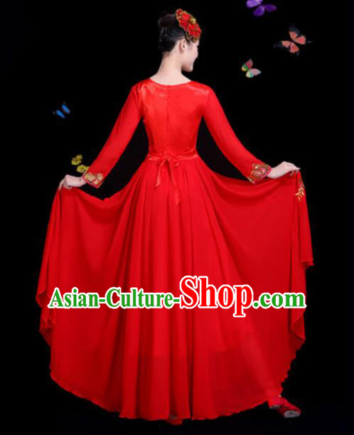 Traditional Chinese Modern Dance Red Dress Chorus Stage Performance Costume for Women